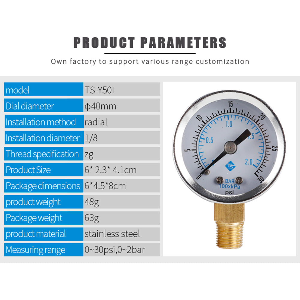 TS-Y50I 40mm Dial Gas Pressure Gauge 0-30 PSI / 0-2 Bar Range Stainless Steel Dual Scale Oil Water Pressure Gauge TS-Y50I 40mm Dial Gas Pressure Gauge 0-30 PSI / 0-2 Bar Range Stainless Steel Dual Scale Oil Water Pressure Gauge
